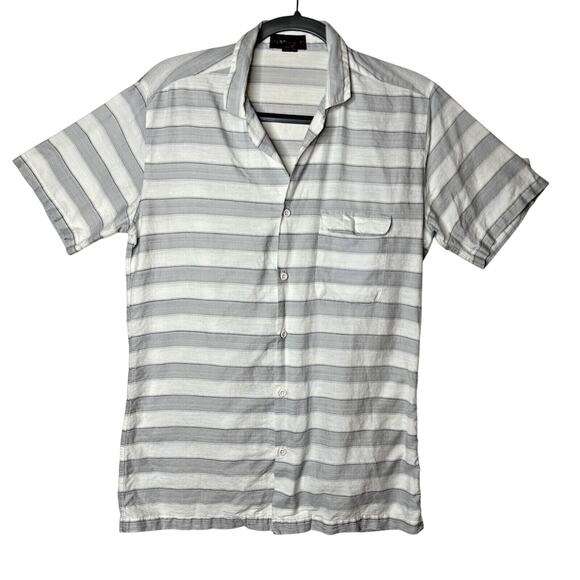 Dev Imports Men's Casual Short Sleeve Button Down White Gray Stripe Polo Shirt L - Picture 1 of 8